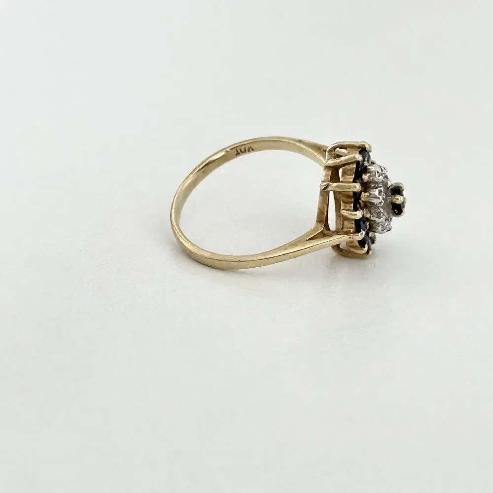 Vintage 10K Yellow Gold Sapphire & Diamond Halo Cluster Ladies Band Ring Size 6